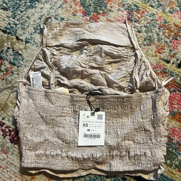 ZARA CROP TOP XSMALL LIGHT TAN BROWN HALTER CROPPED TANK RUCHED DRAPED SMOCKED - Picture 6 of 8